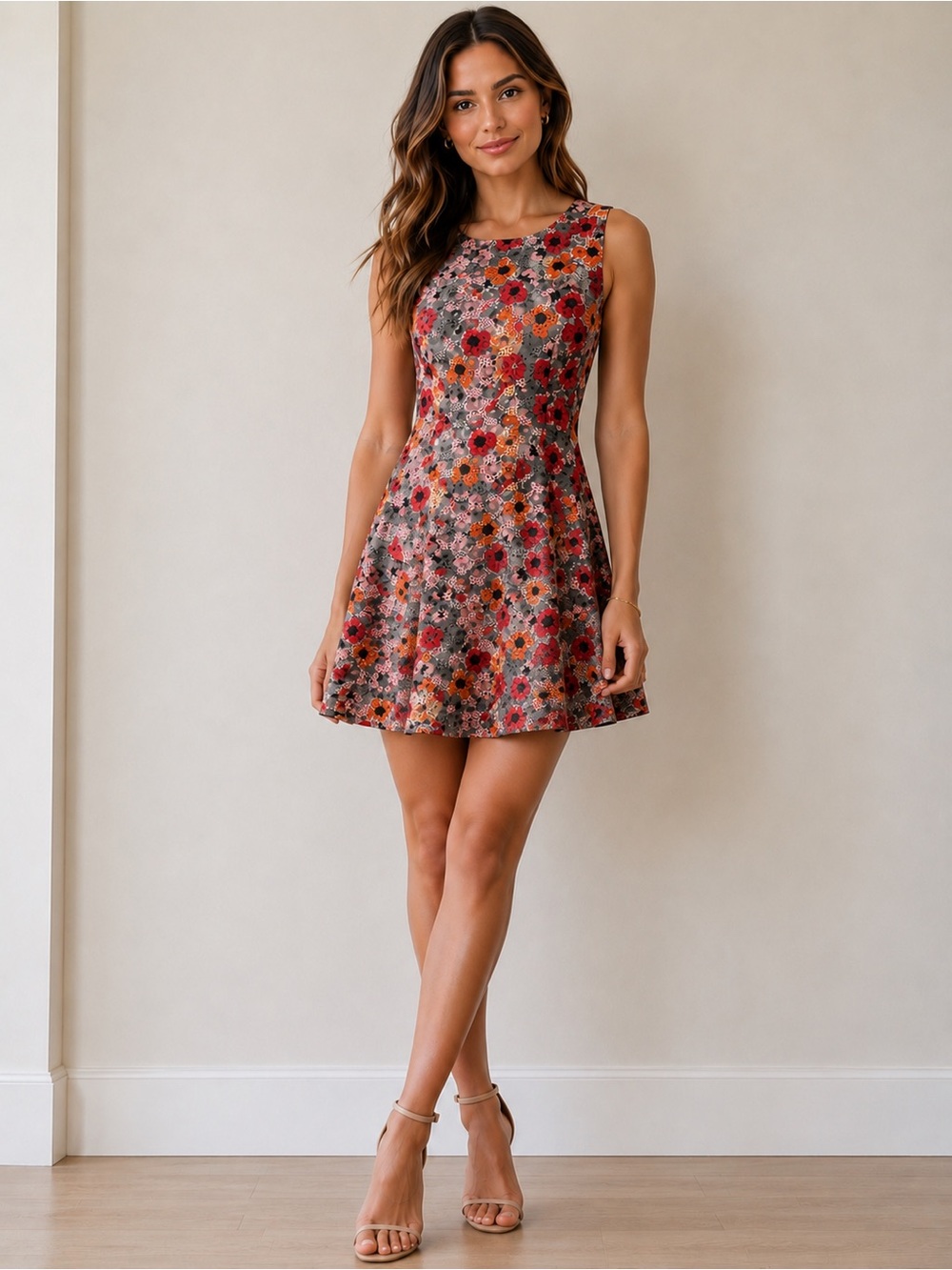 Floral Sleeveless A-Line Dress in Multi-Color